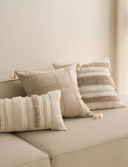 Ivory & Oat Banded Embroidery Cushion Covers, styled at home