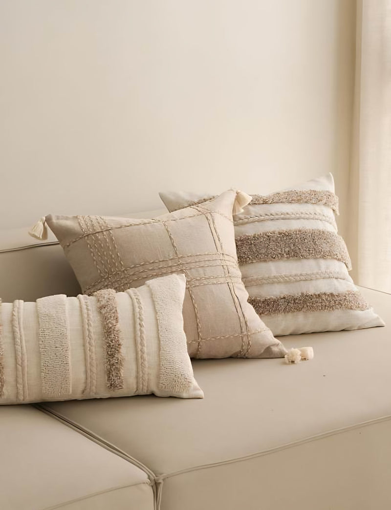 Ivory & Oat Banded Embroidery Cushion Covers, styled at home