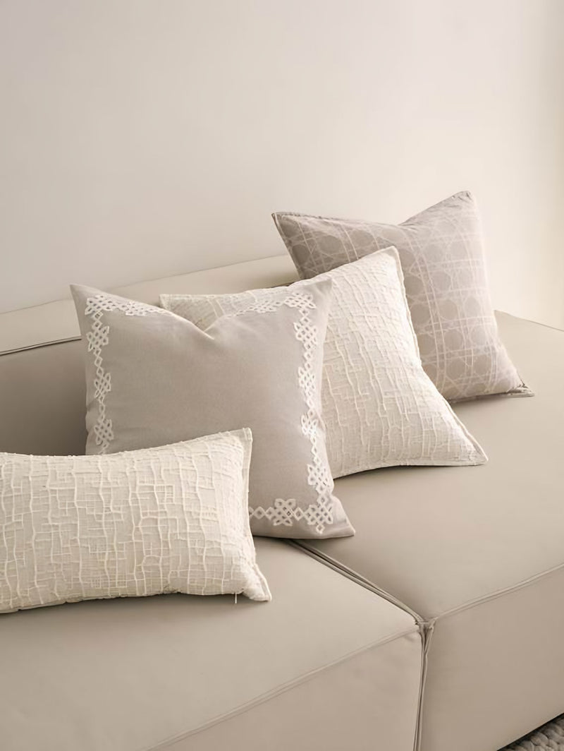 Ivory Basket Weave Jacquard Cotton Linen Cushion Covers, styled at home