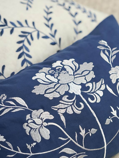 Ivory & Blue Vine Embroidery Linen Cotton Cushion Covers, styled at home