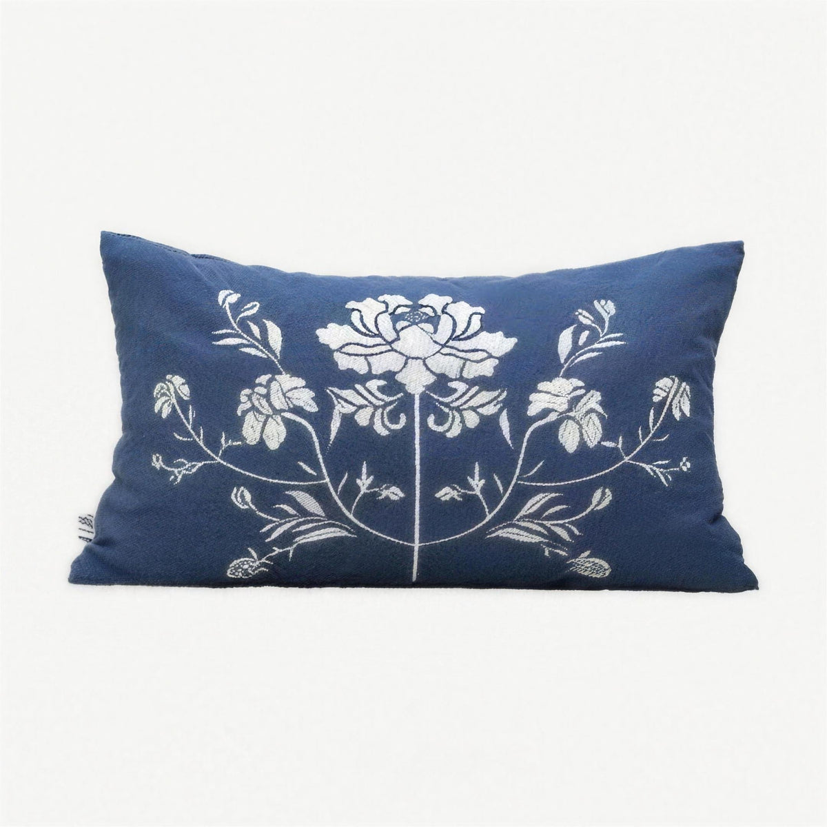 Navy Peony Embroidery Linen Cotton Lumbar Cushion Covers