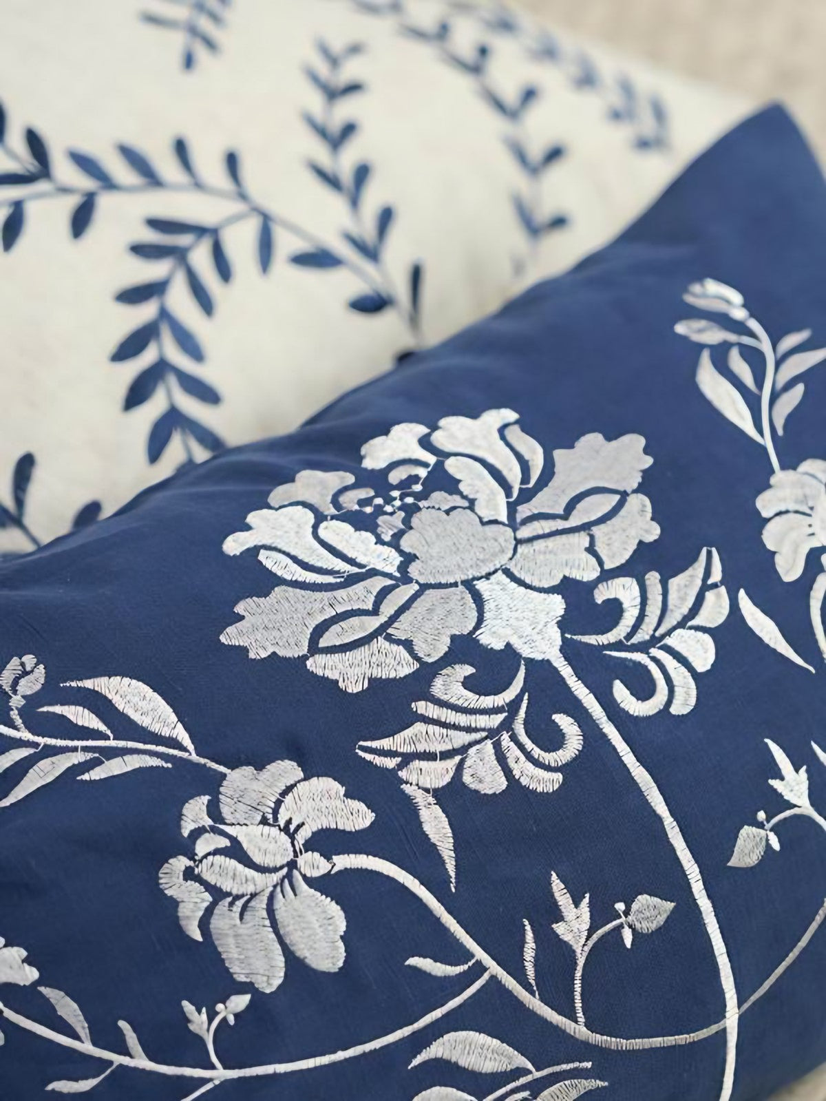 Navy Peony Embroidery Linen Cotton Lumbar Cushion Covers, styled at home