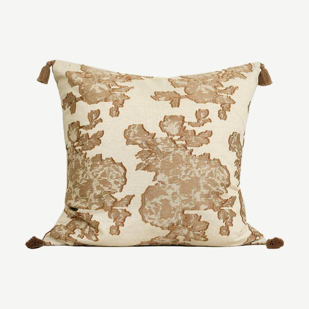 Ivory & Tan Camellia Embroidery Cotton Linen Cushion Covers