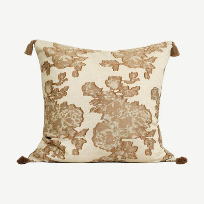 Ivory & Tan Camellia Embroidery Cotton Linen Cushion Covers