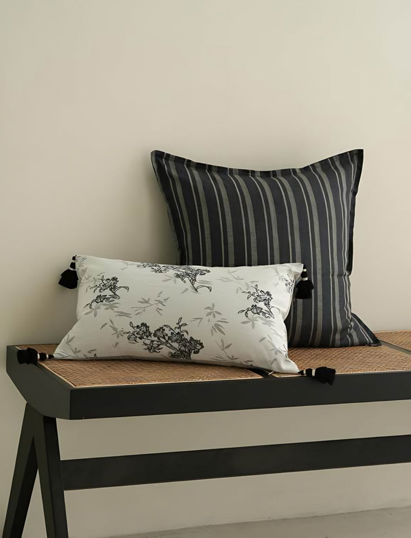 Black Stripe Flanged Linen Cushion Covers, styled at home