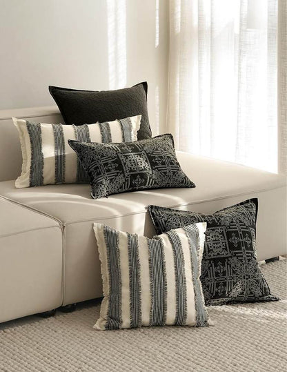 Black & Ivory Geometric Jacquard Linen Cotton Cushion Covers, styled at home