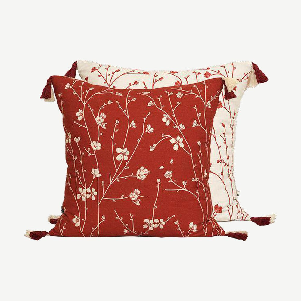 Red & Ivory Blossom Jacquard Cotton Linen Cushion Covers