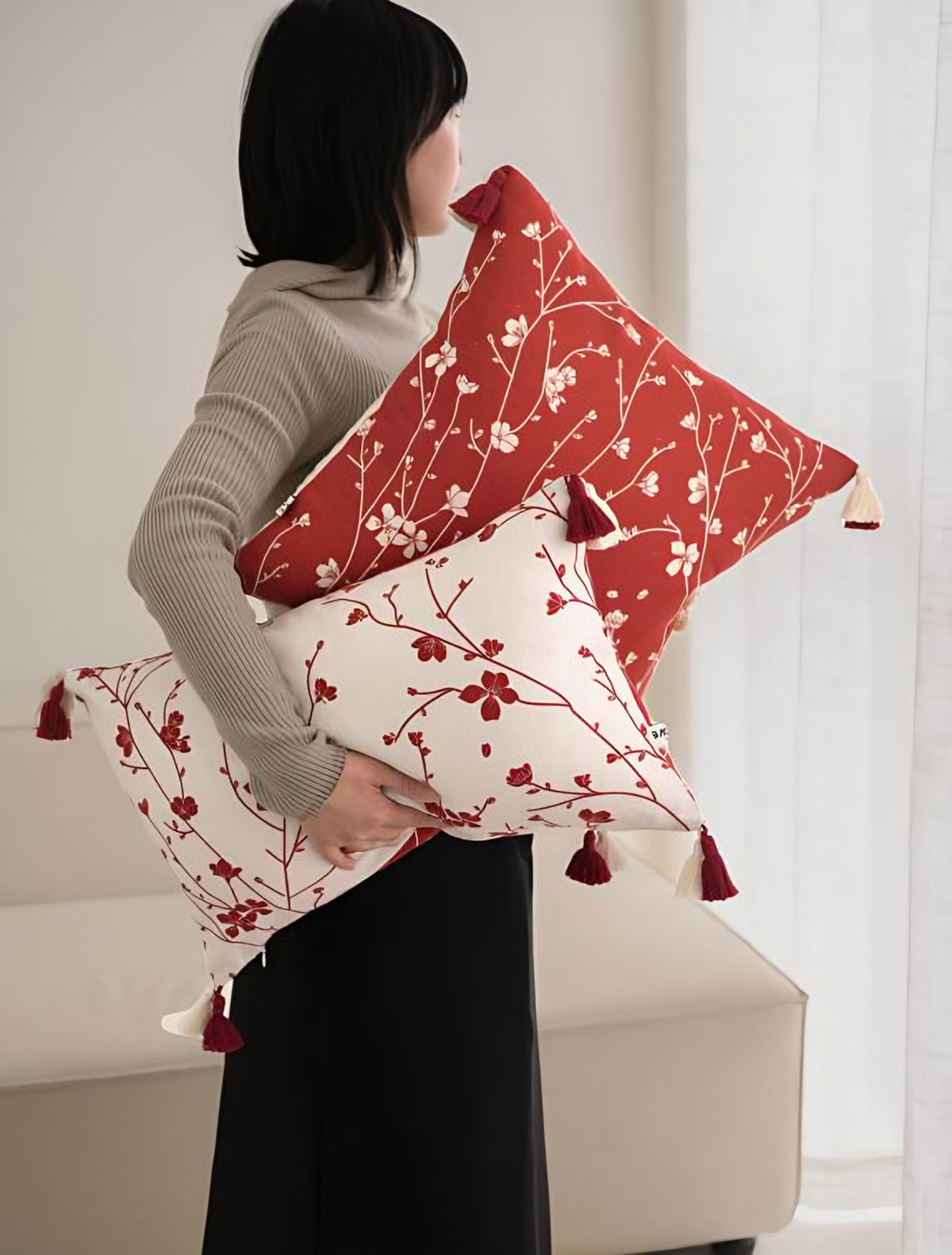 Red & Ivory Blossom Jacquard Cotton Linen Cushion Covers, styled at home