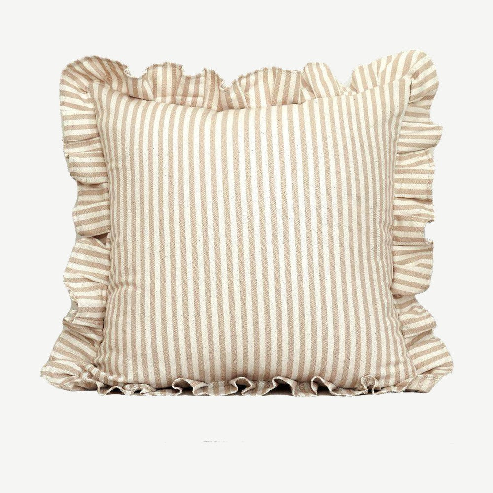 Ruffled Ticking Stripe Cotton Cushion Covers in Beige