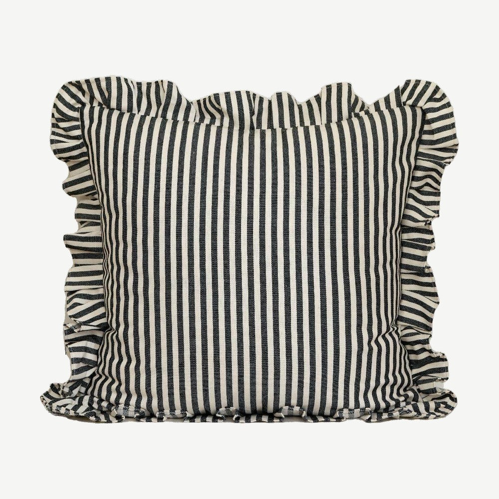 Ruffled Ticking Stripe Cotton Cushion Covers in Black