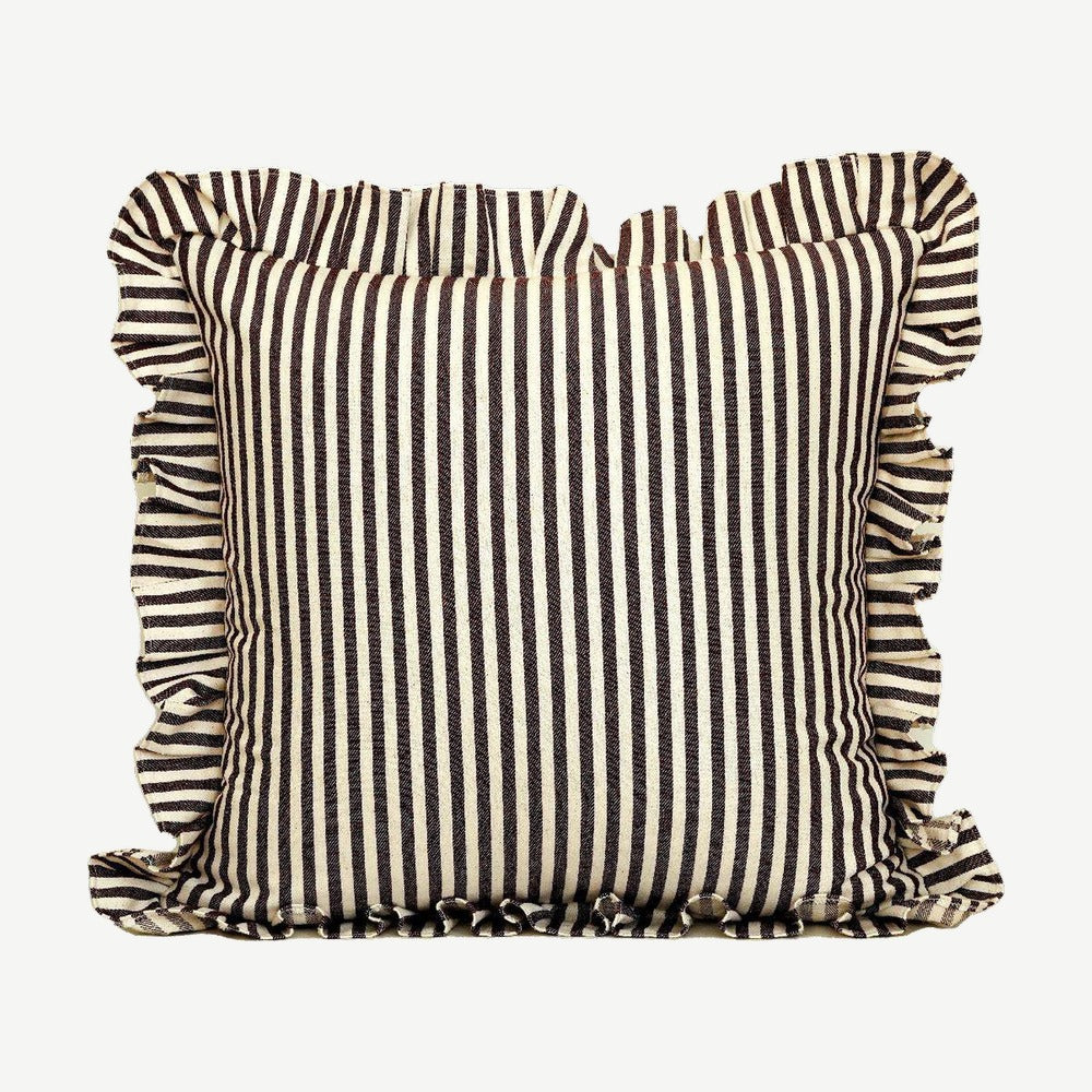 Ruffled Ticking Stripe Cotton Cushion Covers in Coffee