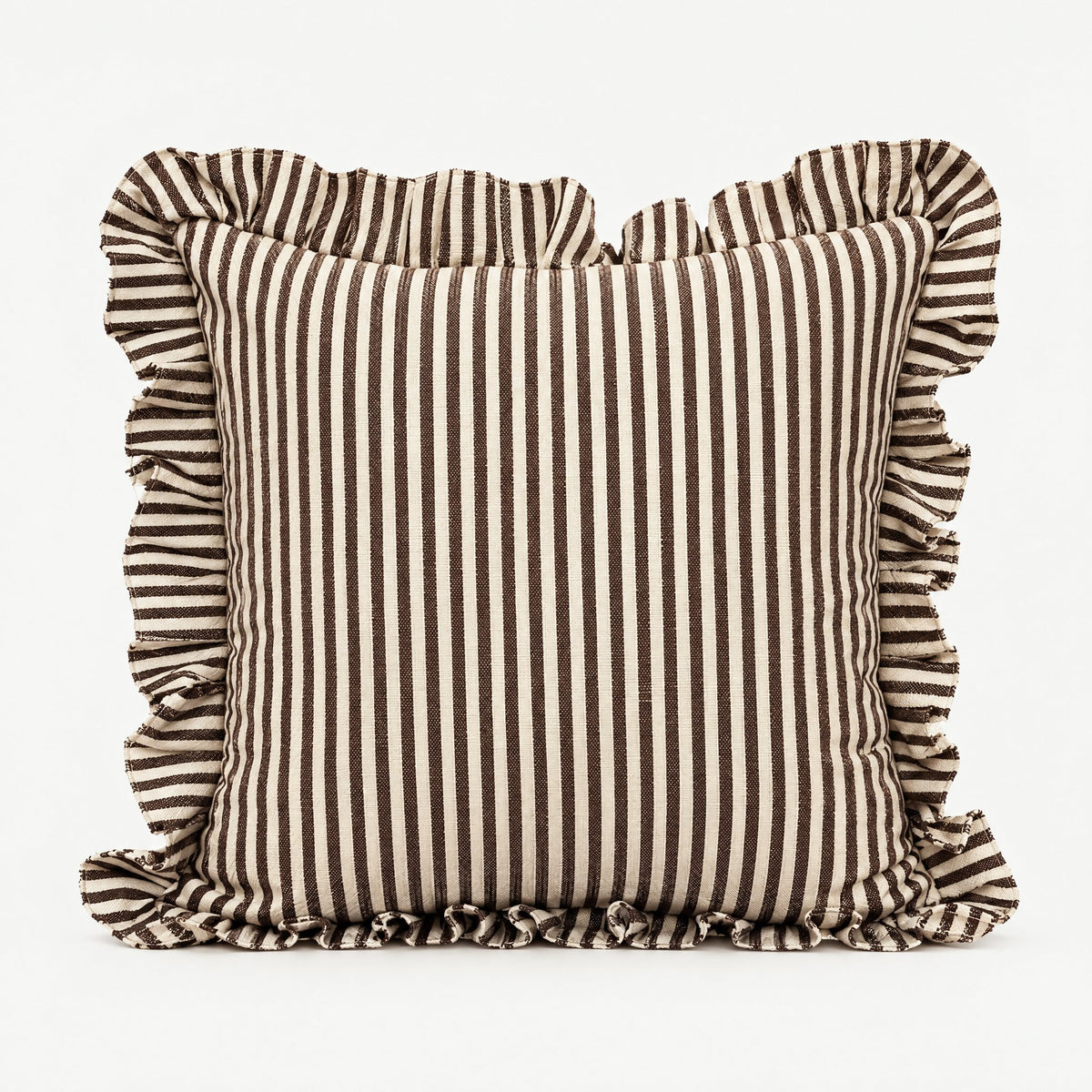 Ruffled Ticking Stripe Cotton Cushion Covers in Coffee