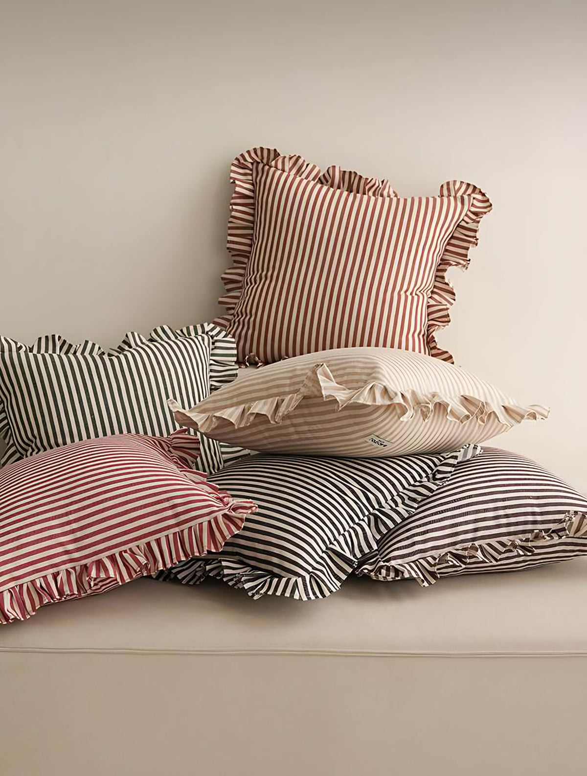 Ruffled Ticking Stripe Cotton Cushion Covers, styled at home