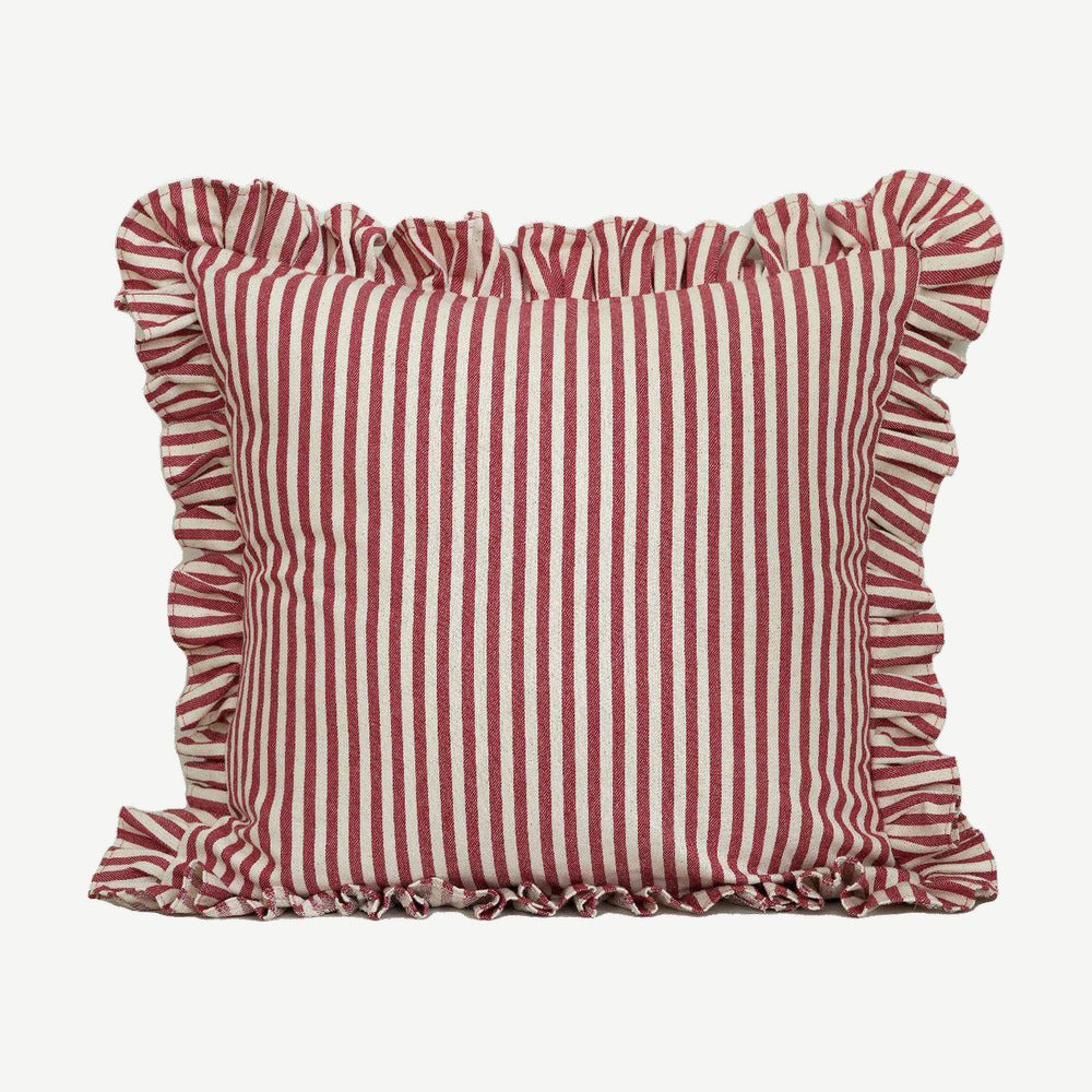 Ruffled Ticking Stripe Cotton Cushion Covers in Red