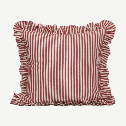 Ruffled Ticking Stripe Cotton Cushion Covers in Red
