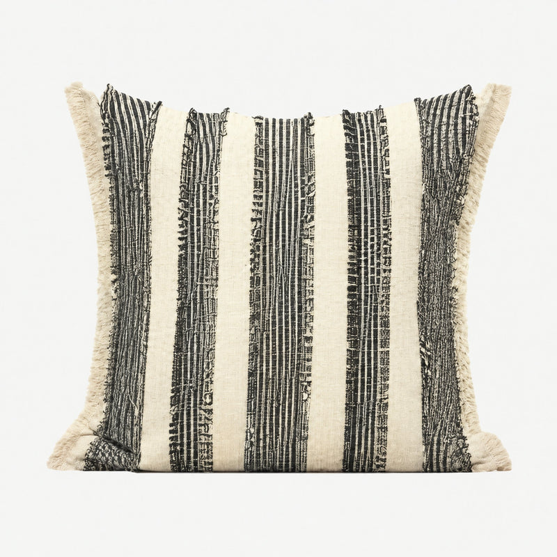 Ivory & Black Stripe Tassel Cotton cushion cover, rectangular lumbar size with textured grey stripes