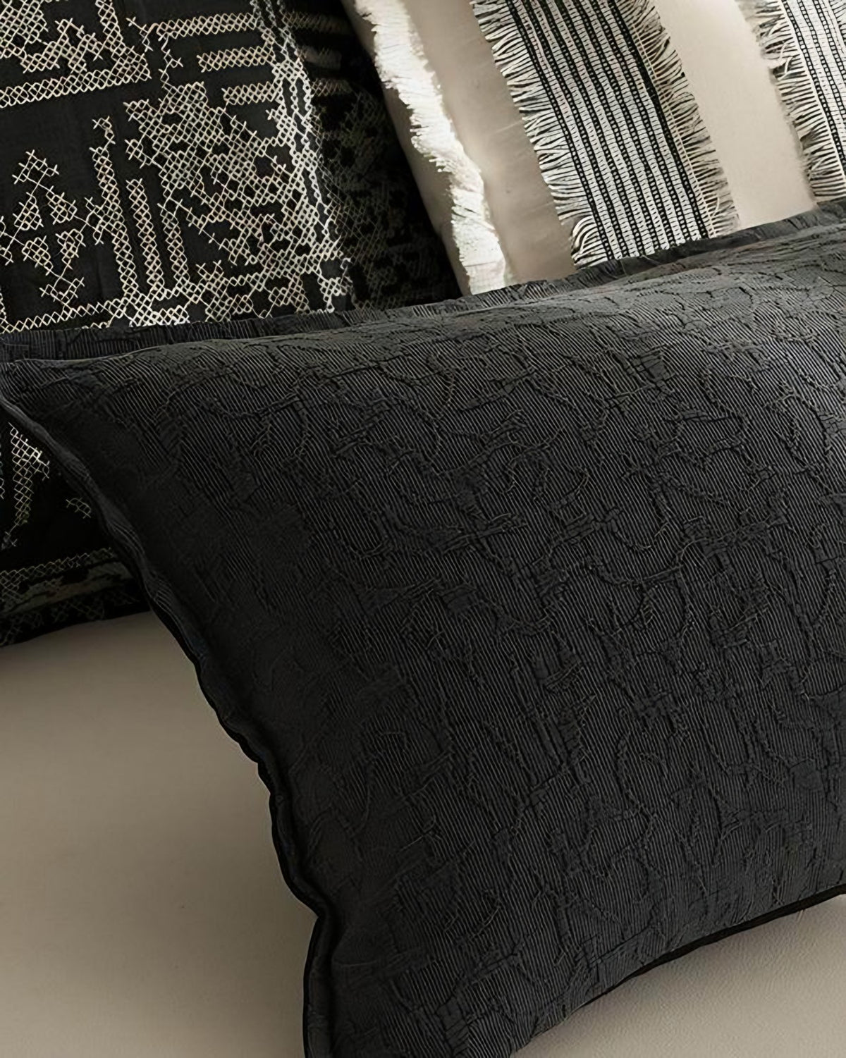 Black Jacquard Cotton Linen Cushion Covers, styled at home