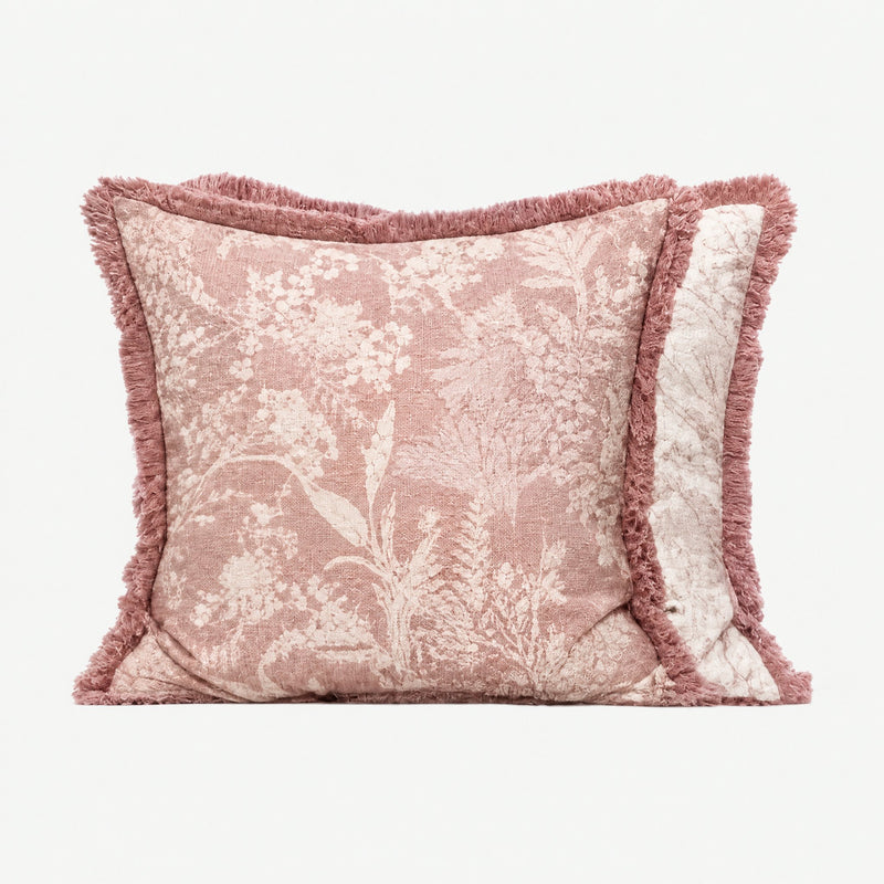 Dusty Rose Floral cotton linen square cushion covers with fringed edges, pale reverse behind