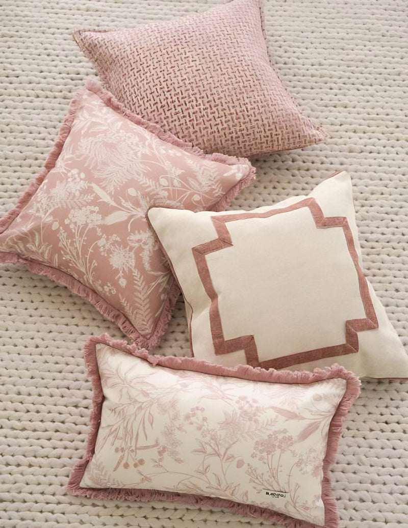 Dusty Rose Floral Tassel Cotton Linen Cushion Covers, styled at home