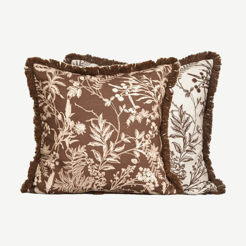Chocolate Botanical Jacquard square cushion covers with brush fringe trim, cream reverse behind