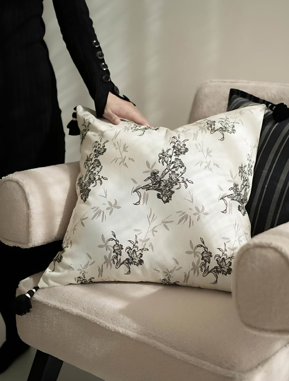 Ivory & Charcoal Botanical Jacquard Cotton Linen Cushion Covers, styled at home