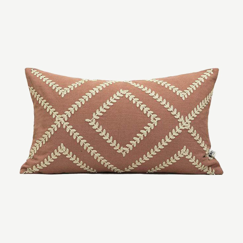 Terracotta Trellis Embroidery Linen Cotton Lumbar Cushion Covers