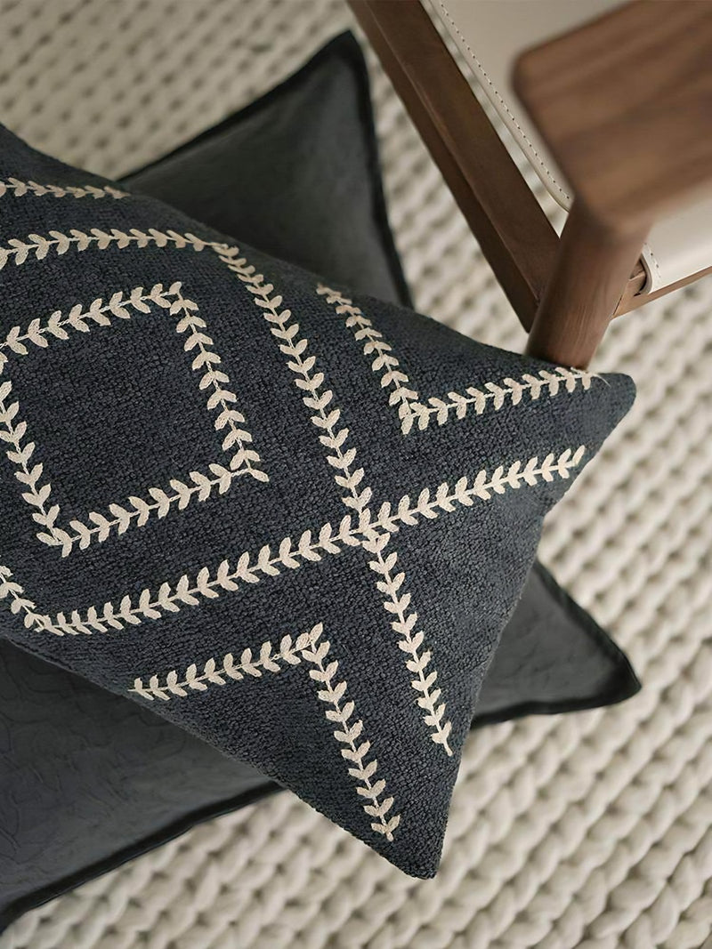 Black & Sand Zigzag Embroidery Lumbar Cushion Covers, styled at home