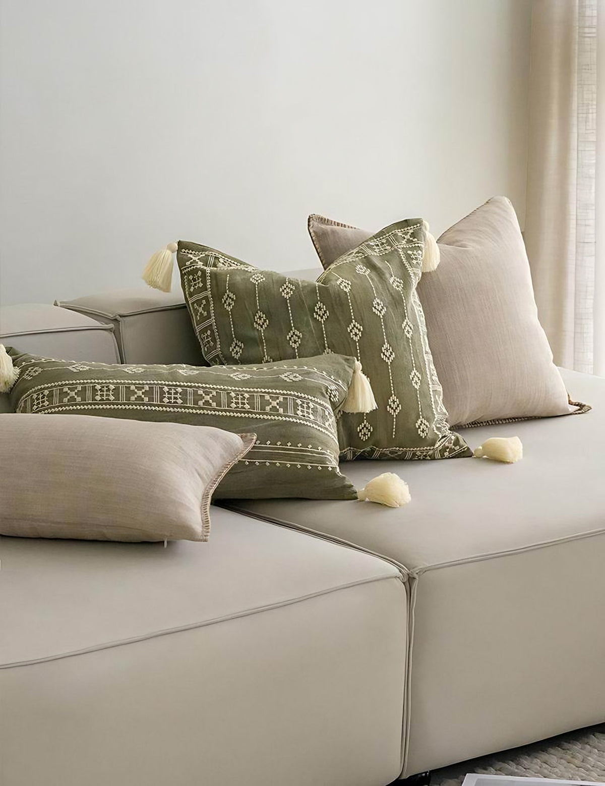 Oat Slub Embroidery Linen Cotton Cushion Covers, styled at home