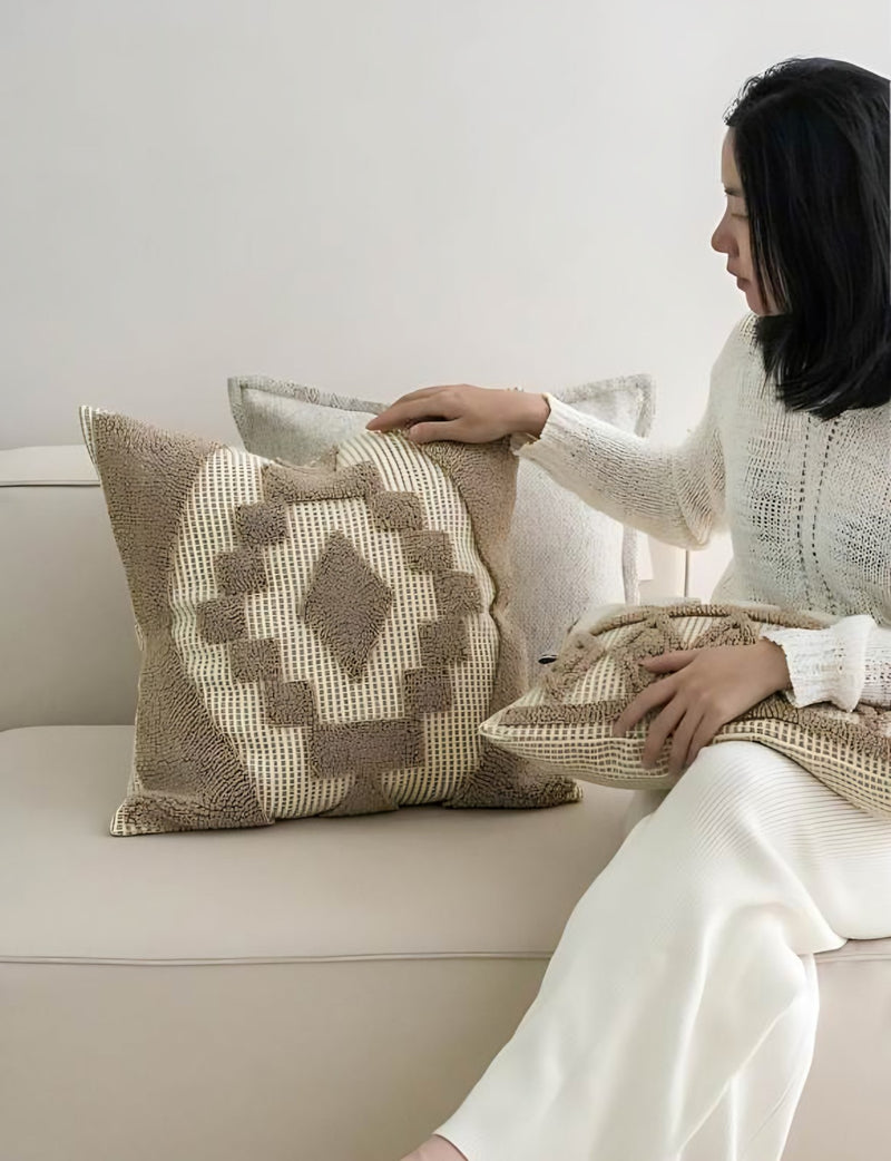 Oat & Ivory Diamond Loop-Pile Embroidery Lumbar Cushion Covers, styled at home
