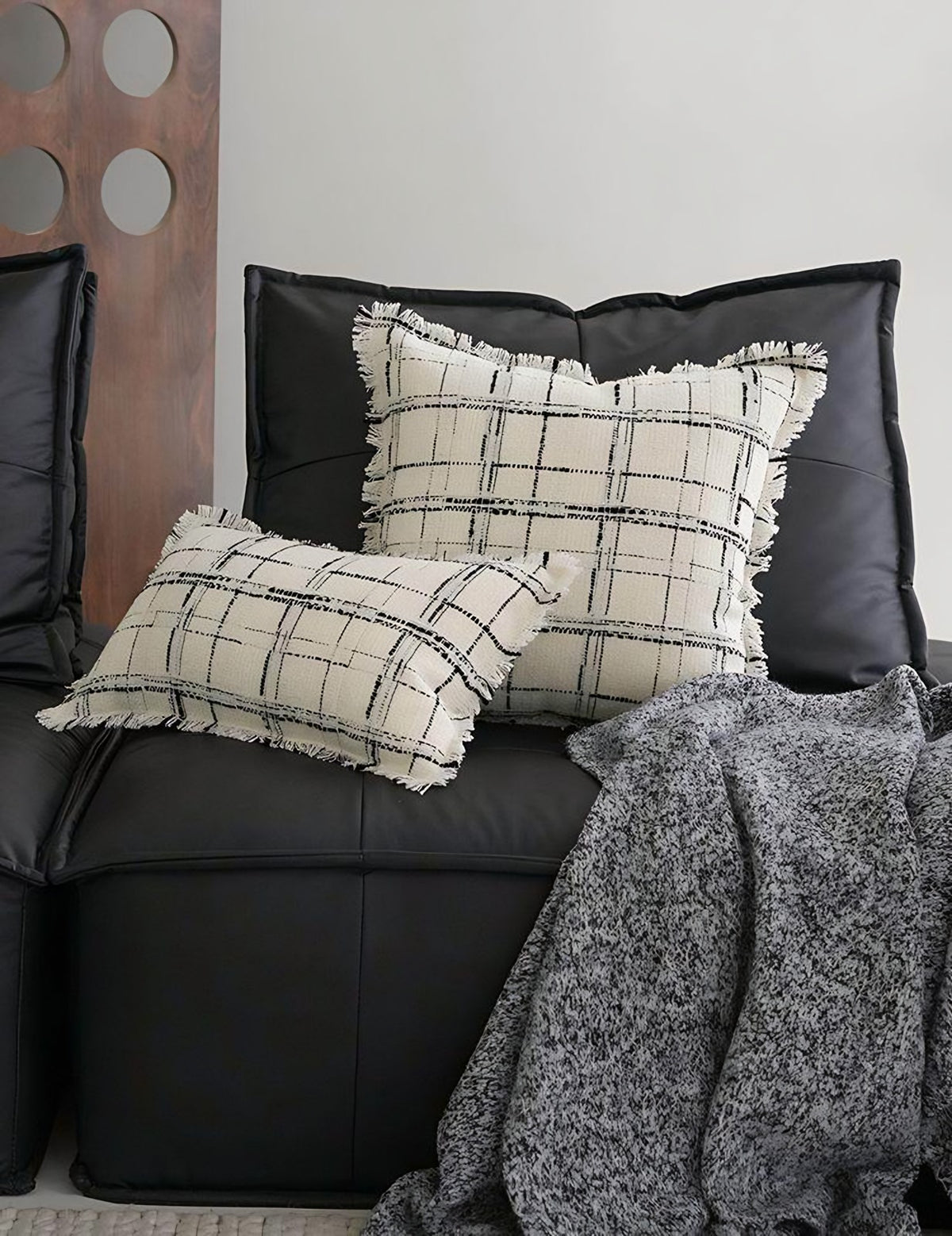 Ivory & Black Check Tassel Lumbar Cushion Covers, styled at home