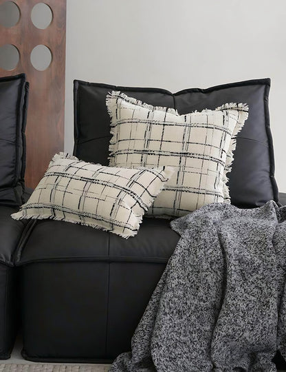 Ivory & Black Check Tassel Lumbar Cushion Covers, styled at home