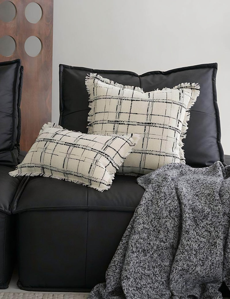 Ivory & Black Check Tassel Lumbar Cushion Covers, styled at home