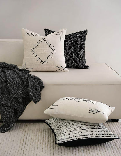 Ivory & Black Diamond Embroidery Cushion Covers, styled at home