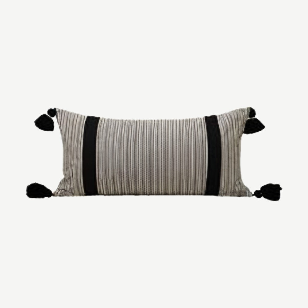 Grey & Black Stripe Tassel Cotton Lumbar Cushion Covers