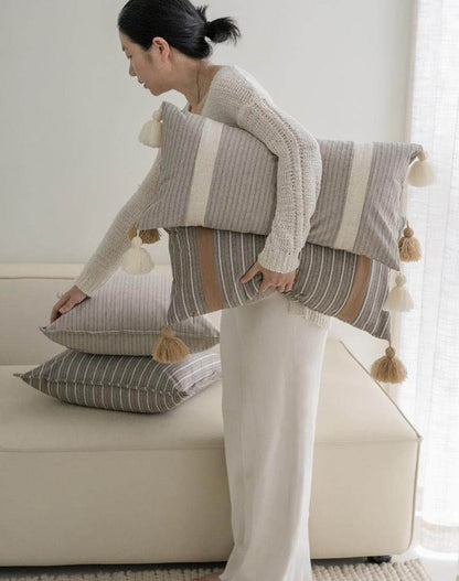 Grey Stripe Tassel Cotton Lumbar Cushion Covers, styled at home