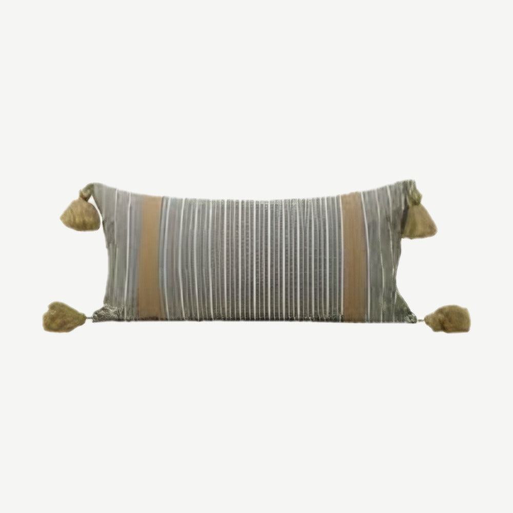 Grey & Ochre Stripe Tassel Cotton Lumbar Cushion Covers