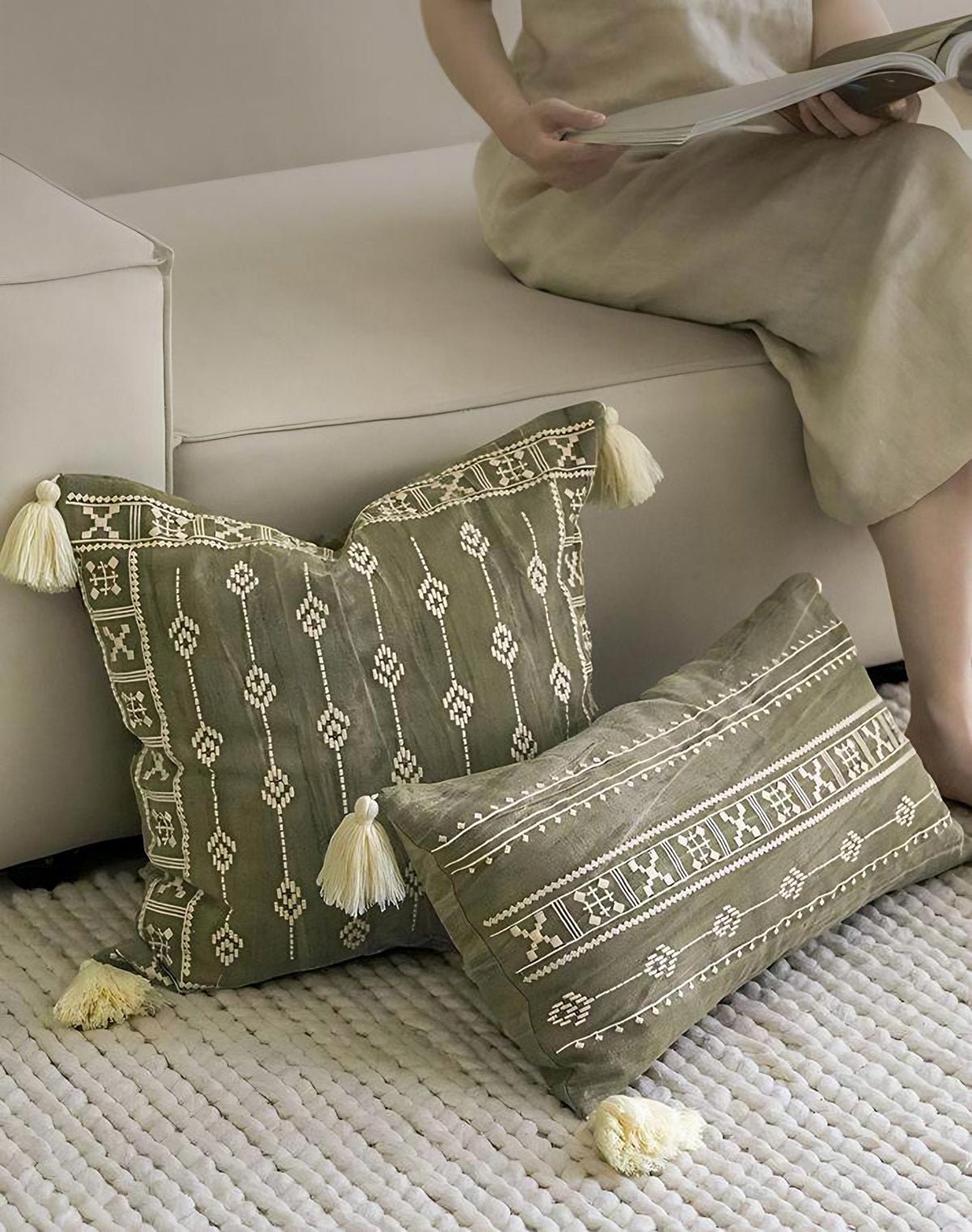 Olive Embroidery Linen Cotton Cushion Covers, styled at home