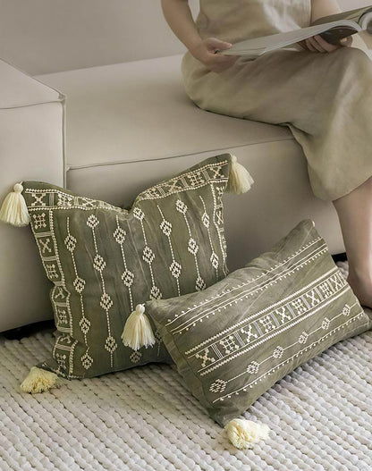 Olive Embroidery Linen Cotton Cushion Covers, styled at home