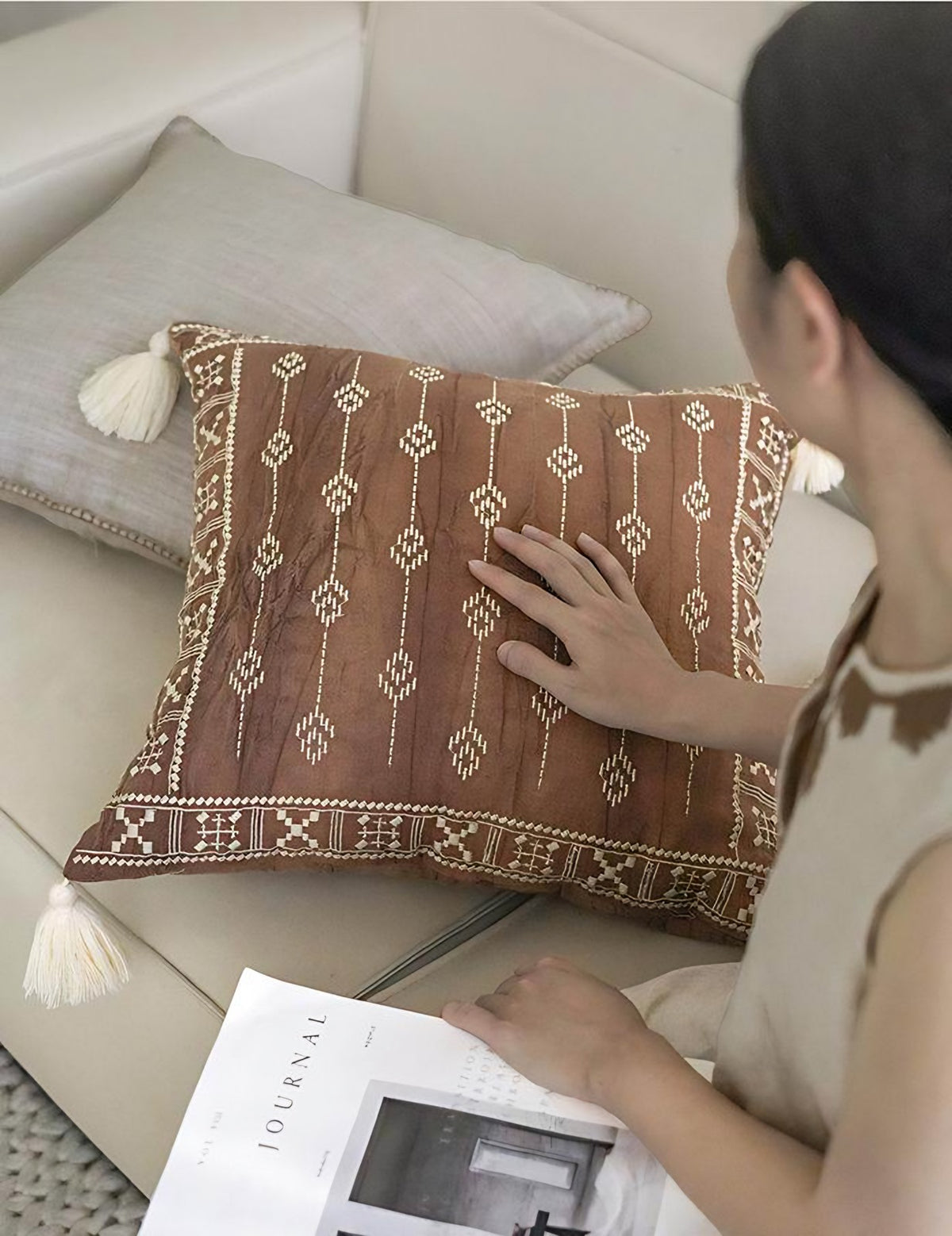 Terracotta Embroidery Linen Cotton Cushion Covers, styled at home