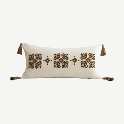 Ivory & Brown Medallion Embroidery Ramie Cotton Lumbar Cushion Covers