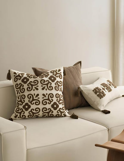 Ivory & Brown Medallion Embroidery Ramie Cotton Lumbar Cushion Covers, styled at home