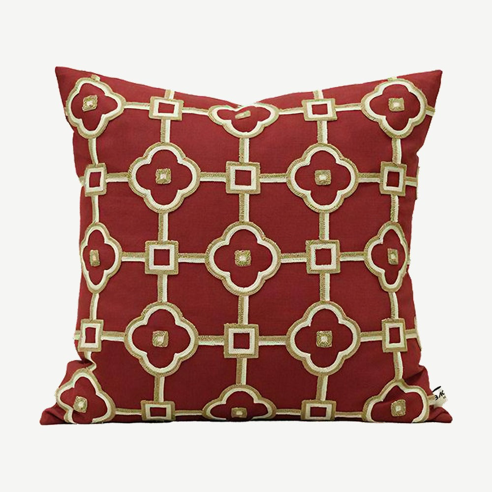 Red & Ivory Lattice Embroidery Ramie Cotton Cushion Covers