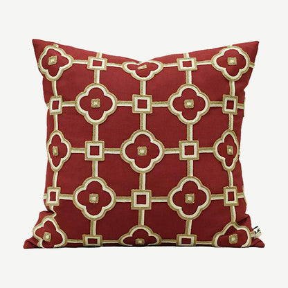 Red & Ivory Lattice Embroidery Ramie Cotton Cushion Covers