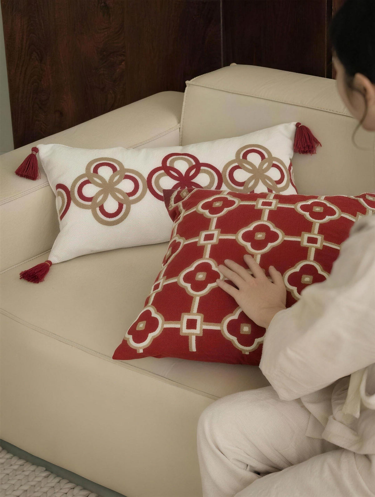Red & Ivory Lattice Embroidery Ramie Cotton Cushion Covers, styled at home