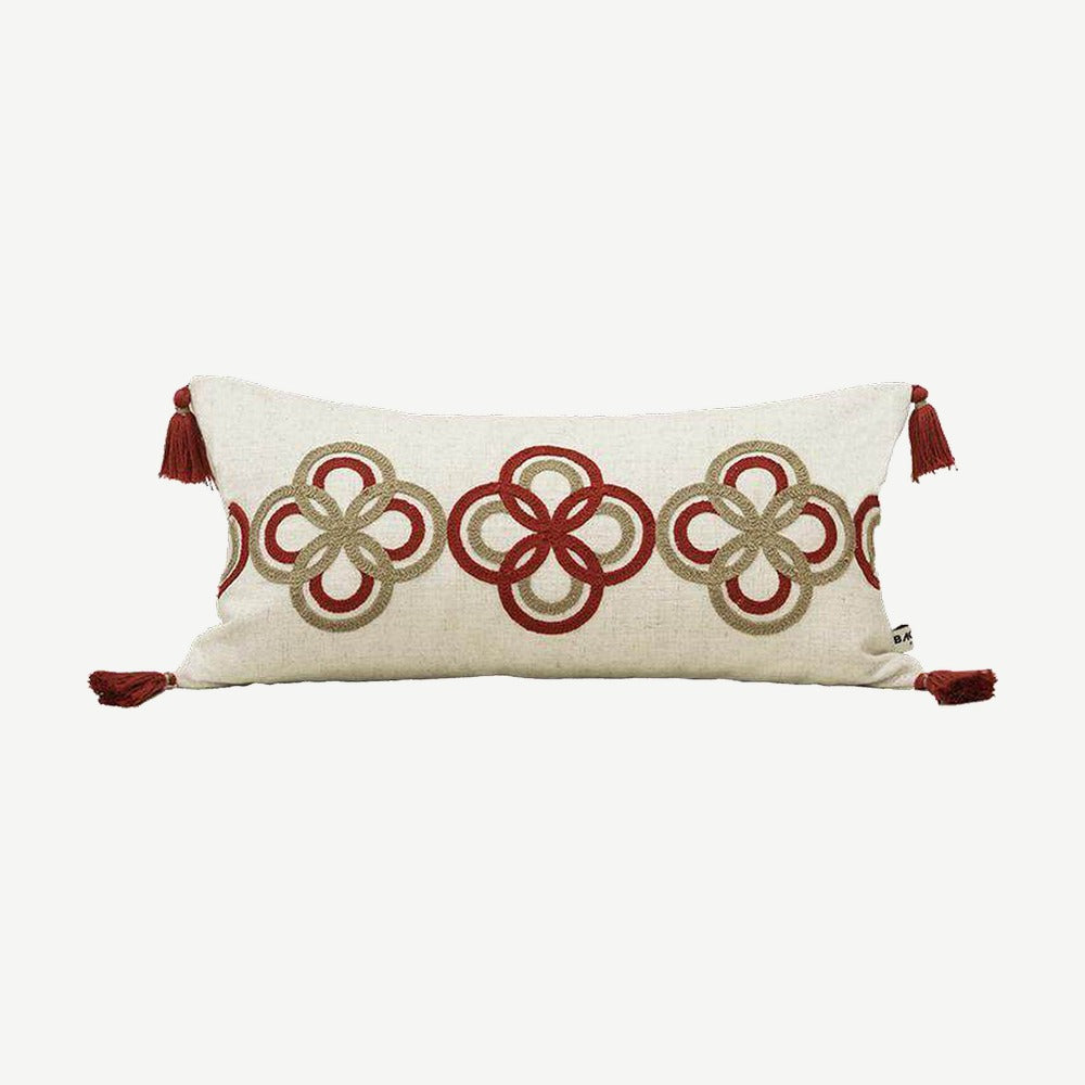 Ivory & Red Ring Embroidery Lumbar Cushion Covers
