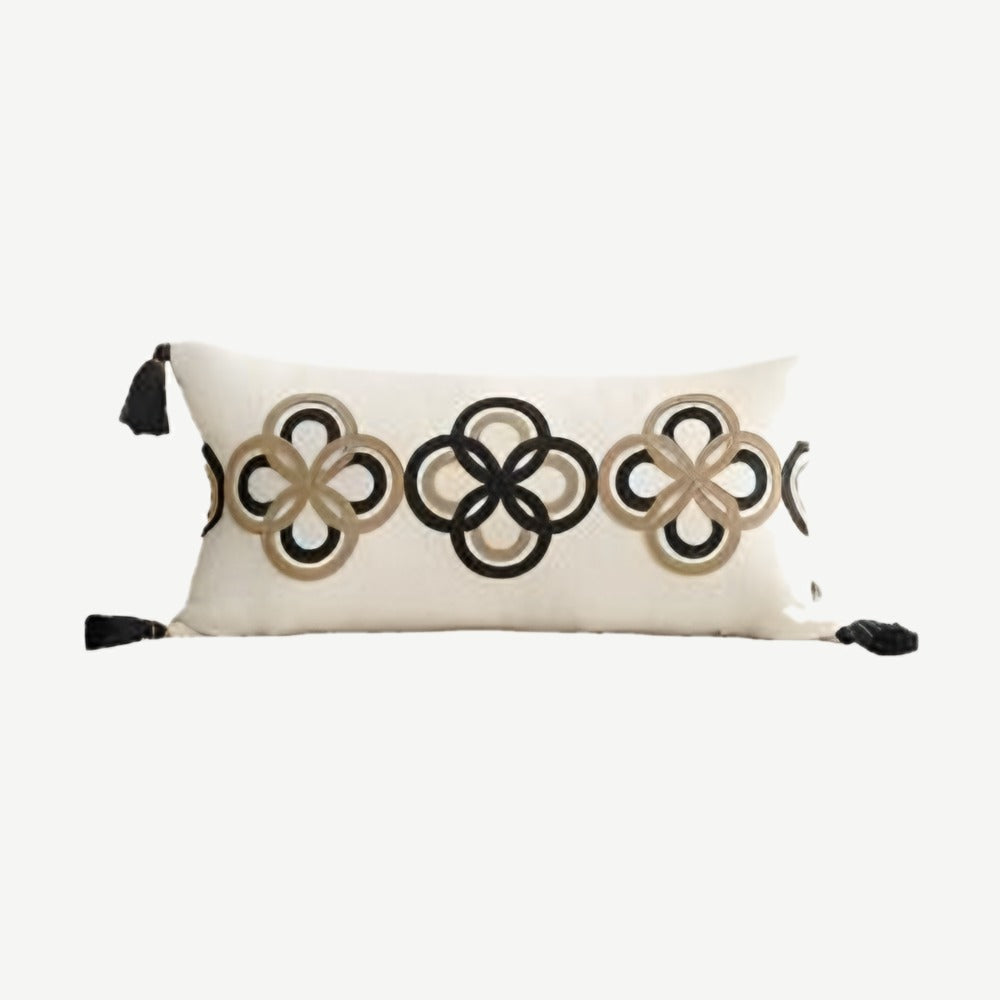 Ivory & Black Ring Embroidery Lumbar Cushion Covers