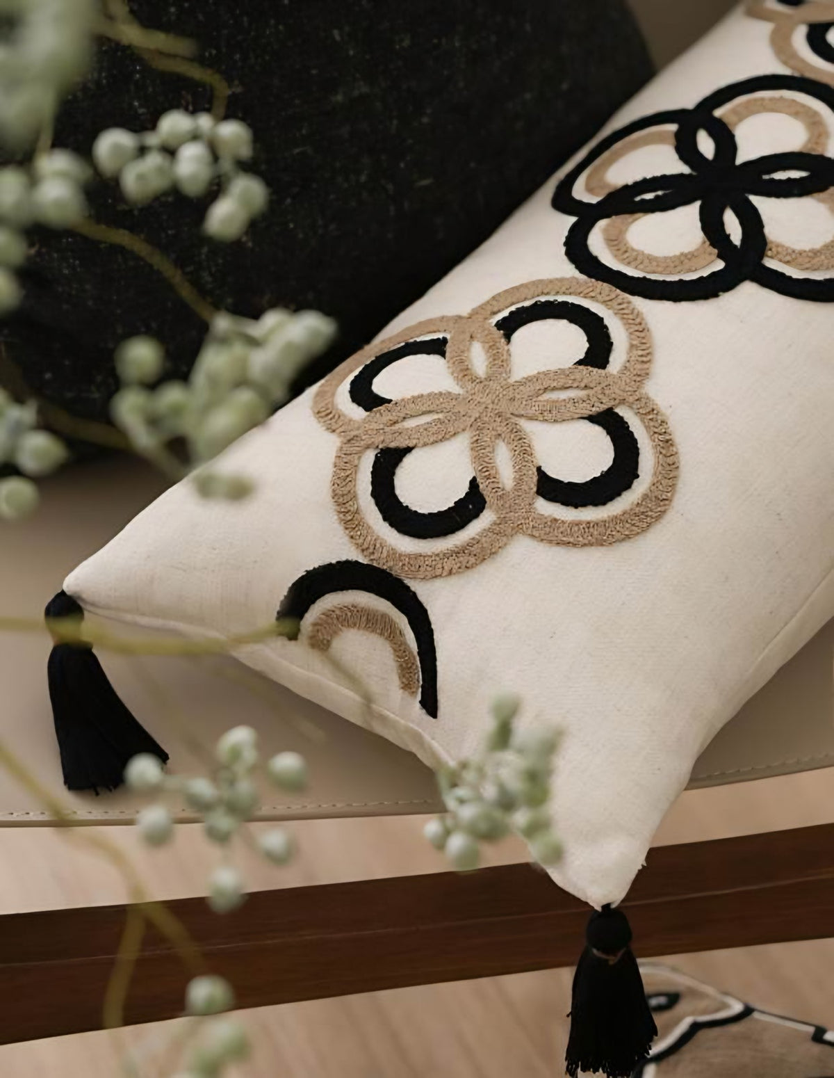 Ivory & Black Ring Embroidery Lumbar Cushion Covers, styled at home