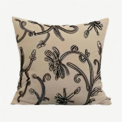 Sand & Black Vine Embroidery Viscose Linen Cushion Covers