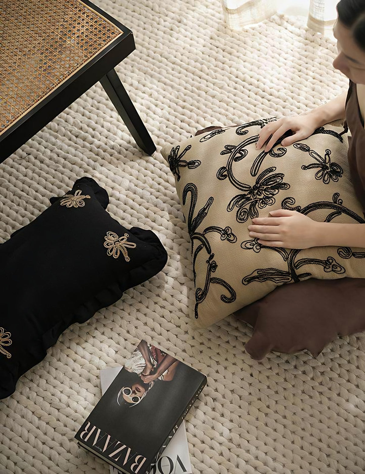 Blush & Red Vine Embroidery Viscose Linen Cushion Covers, styled at home