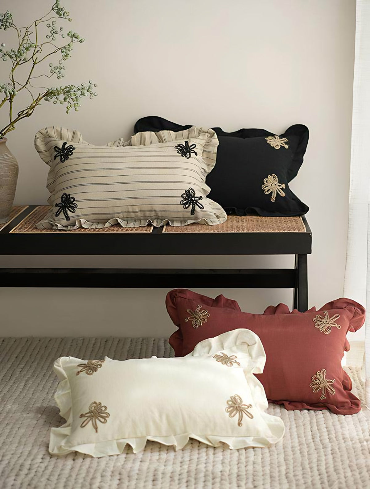 Rose Bee Embroidery Cotton Linen Lumbar Cushion Covers, styled at home